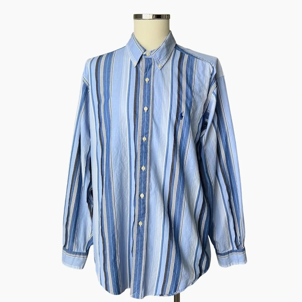 Vintage Polo Ralph Lauren Y2K Mens XL Classic Fit Blue Striped Button Down Shirt